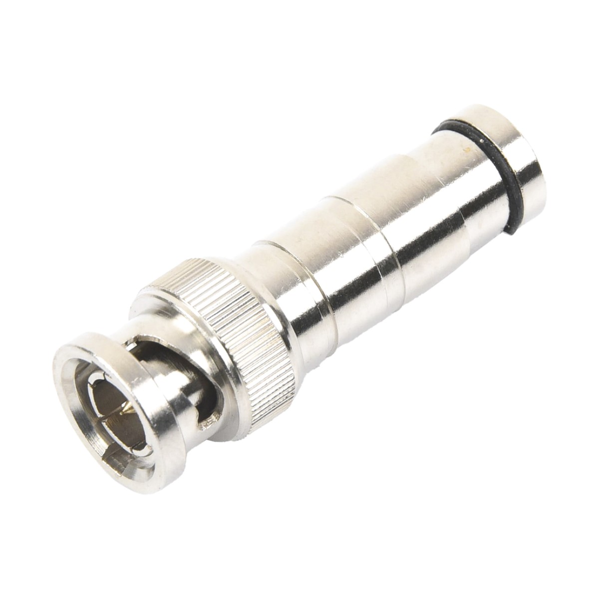 Conector BNC Macho en 75 Ohm, de Compresión Axial para Cable Coaxial RG-59/U, Níquel/ Oro/ Politetrafluoroetileno.