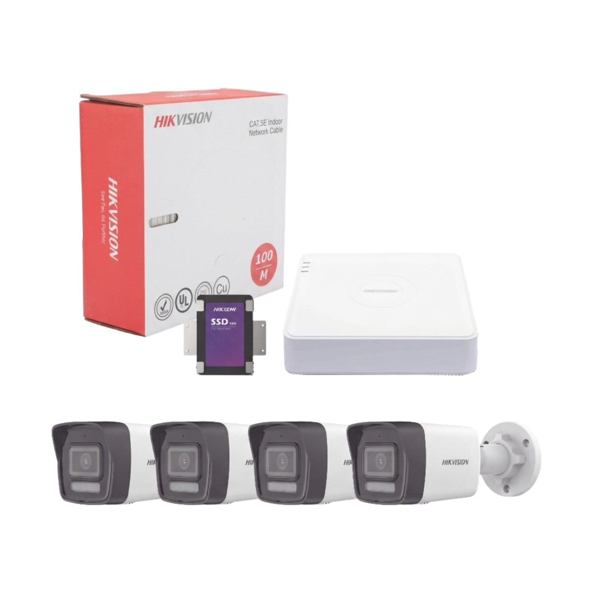 Kit IP 4 Megapixel / NVR de 4 Canales con 4 Puertos PoE / 4 Cámaras IP Bala Dual Light (IR + Luz Blanca) con Microfono Integrado y ACUSENSE Lite para Exterior/ Bobina de Cable de 100 mts / SSD de 1 TB