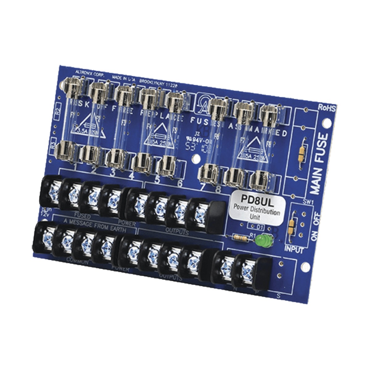 Tablero distribuidor de voltaje, 8 salidas con fusible de protección. Para uso con Fuentes de poder ALTRONIX.