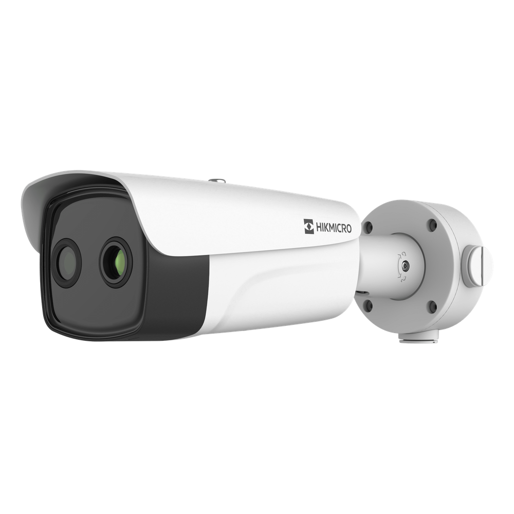 (HIKMICRO) Bala IP Bi-Espectral / Térmica (388 X 288 / 35 mm) + Óptica (4 MP / 12.4 mm) / IA GUANLAN / Rango: -20°C a 150°C / 8°C Tolerancia / Detección de Fuego y Humo / Alarma Visual y Audible / Dual Light / PoE / Antico