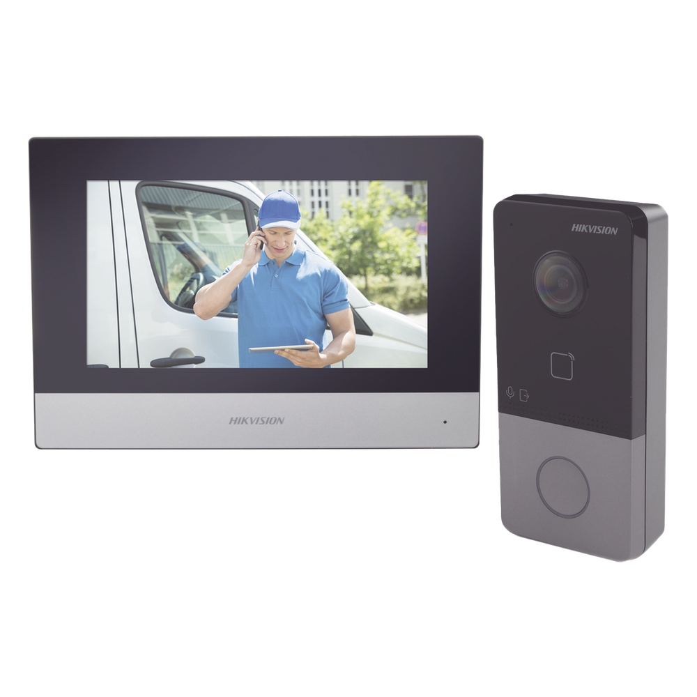 Kit de Videoportero IP Poe Estandar con llamada a App de Smartphone (HikConnect) / Apertura con tarjeta MIFARE / Frente de calle IP65 / Soporta 1 Departamento