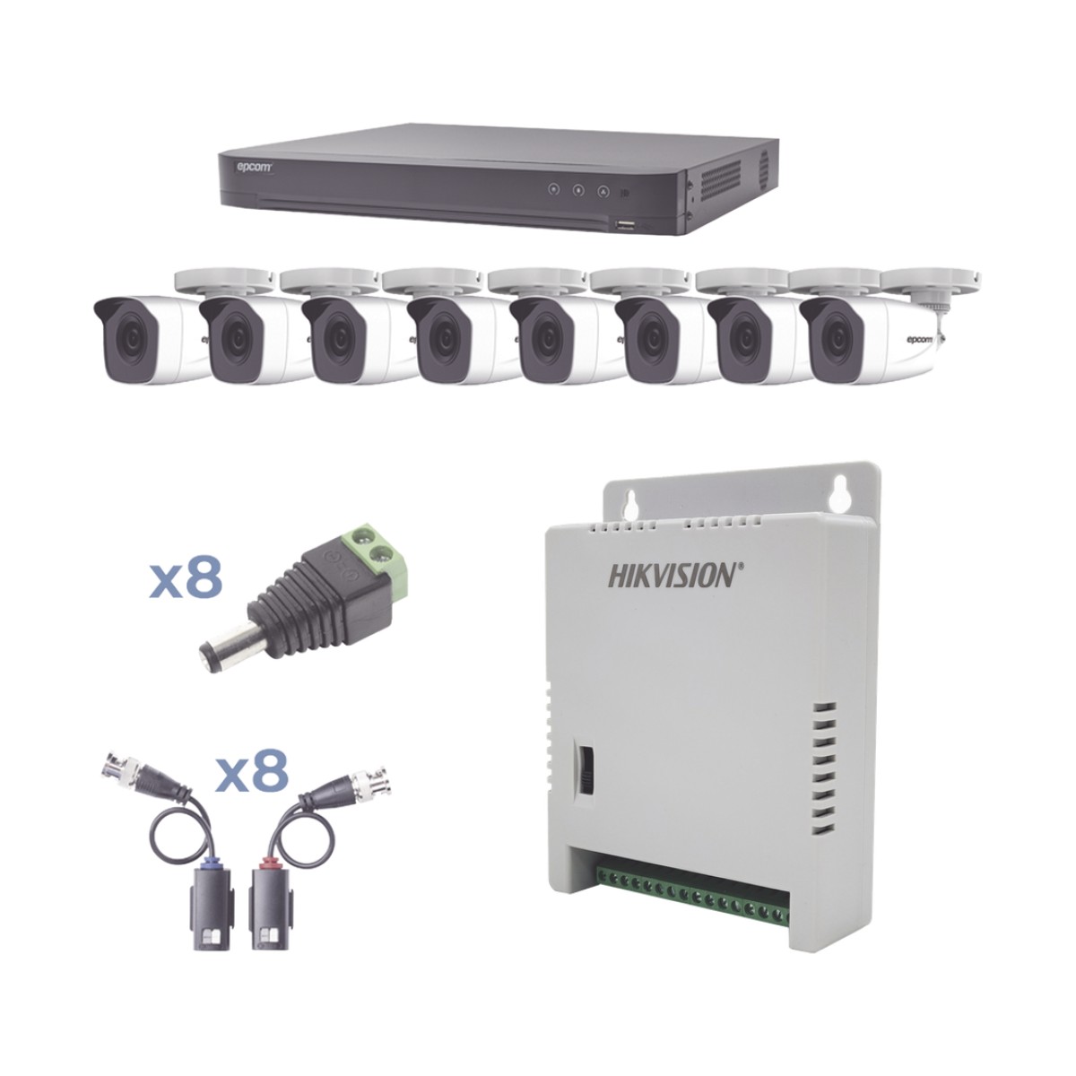 KIT TurboHD 1080p / DVR 8 Canales / 8 Cámaras Bala (exterior 2.8 mm) / Transceptores / Conectores / Fuente de Poder Profesional hasta 15 Vcc para Larga Distancias