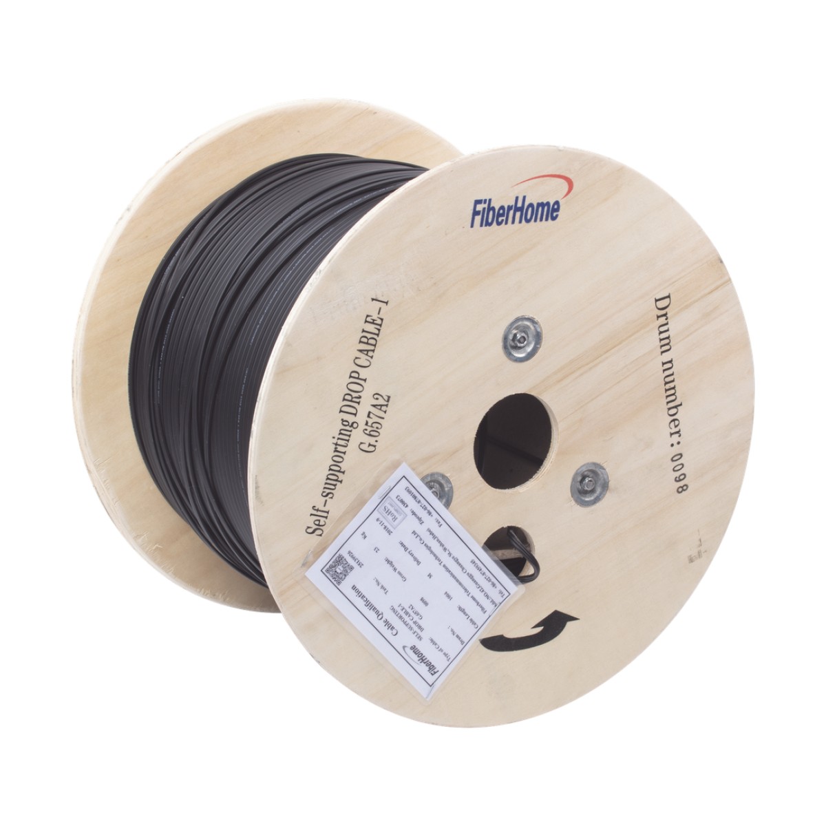 Carrete de 1 km de Fibra Óptica Aérea Mini Figura 8 G.657A2 Tipo Drop, Monomodo de 1 Hilo (Unifibra), Color Negro, Span 80
