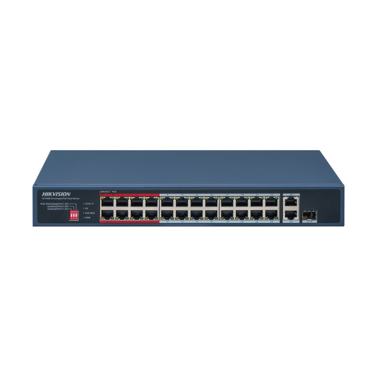 Switch PoE+ / No Administrable / 24 Puertos 10/100 Mbps PoE+ / 2 Puertos 1000 Mbps Uplink / 1 Puerto SFP Uplink / Modo Extendido hasta 300 Metros / 230 W