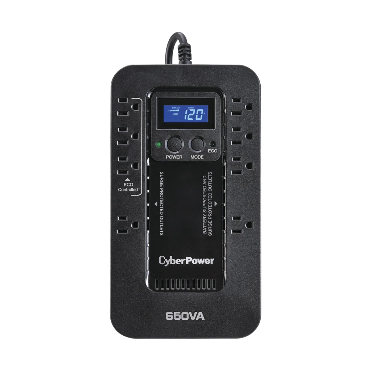 UPS de 650 VA/390 W, Topología Standby con Modo Ahorrador ECO, Entrada 120 Vca NEMA 5-15P, Con 8 Tomas NEMA 5-15R