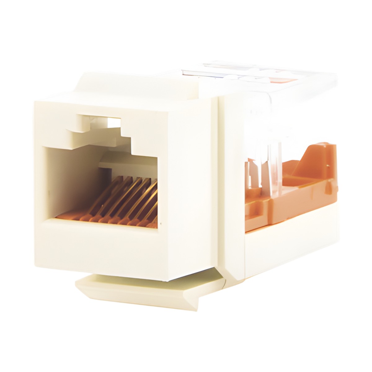 Conector Jack Estilo Leadframe, Tipo Keystone, Categoría 5e, de 8 Posiciones y 8 Cables, Color Blanco Mate