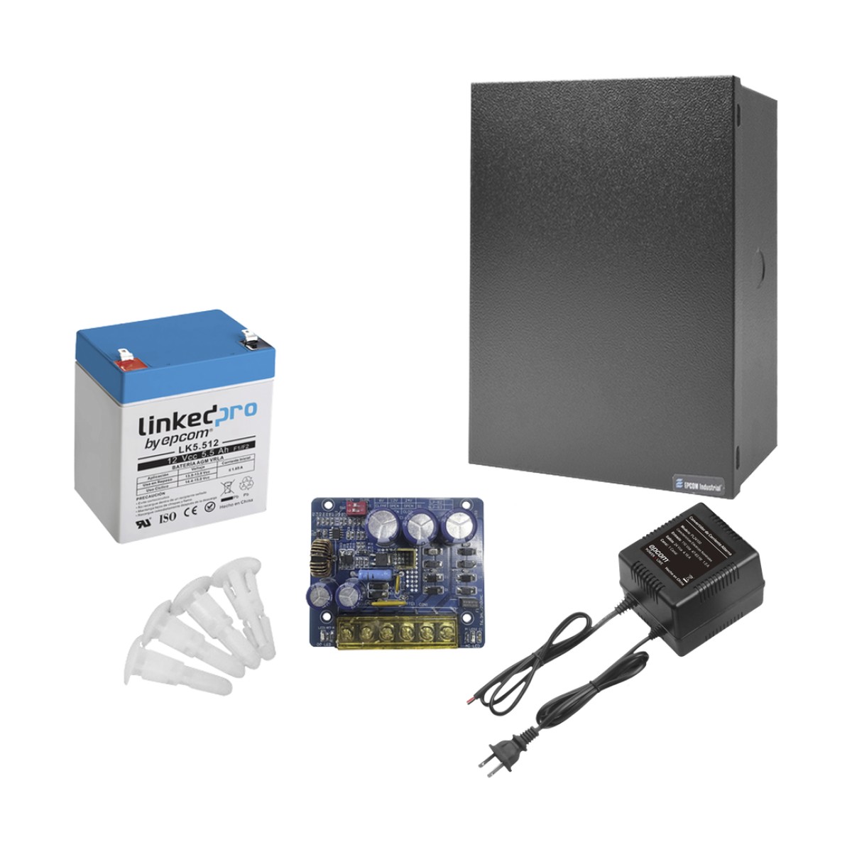 Kit con fuente PLB3 con salida de 12 Vcc a 4 Amper, incluye transformador y batería de 12 V a  5.5 Amper