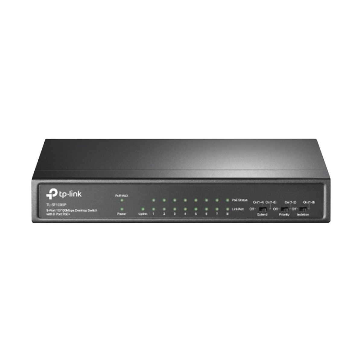 Switch PoE+ No Administrable / De Escritorio 9 puertos 10/100 Mbps / 8 puertos PoE af/at Inteligente / Presupuesto 65 W / Hasta 250 metros
