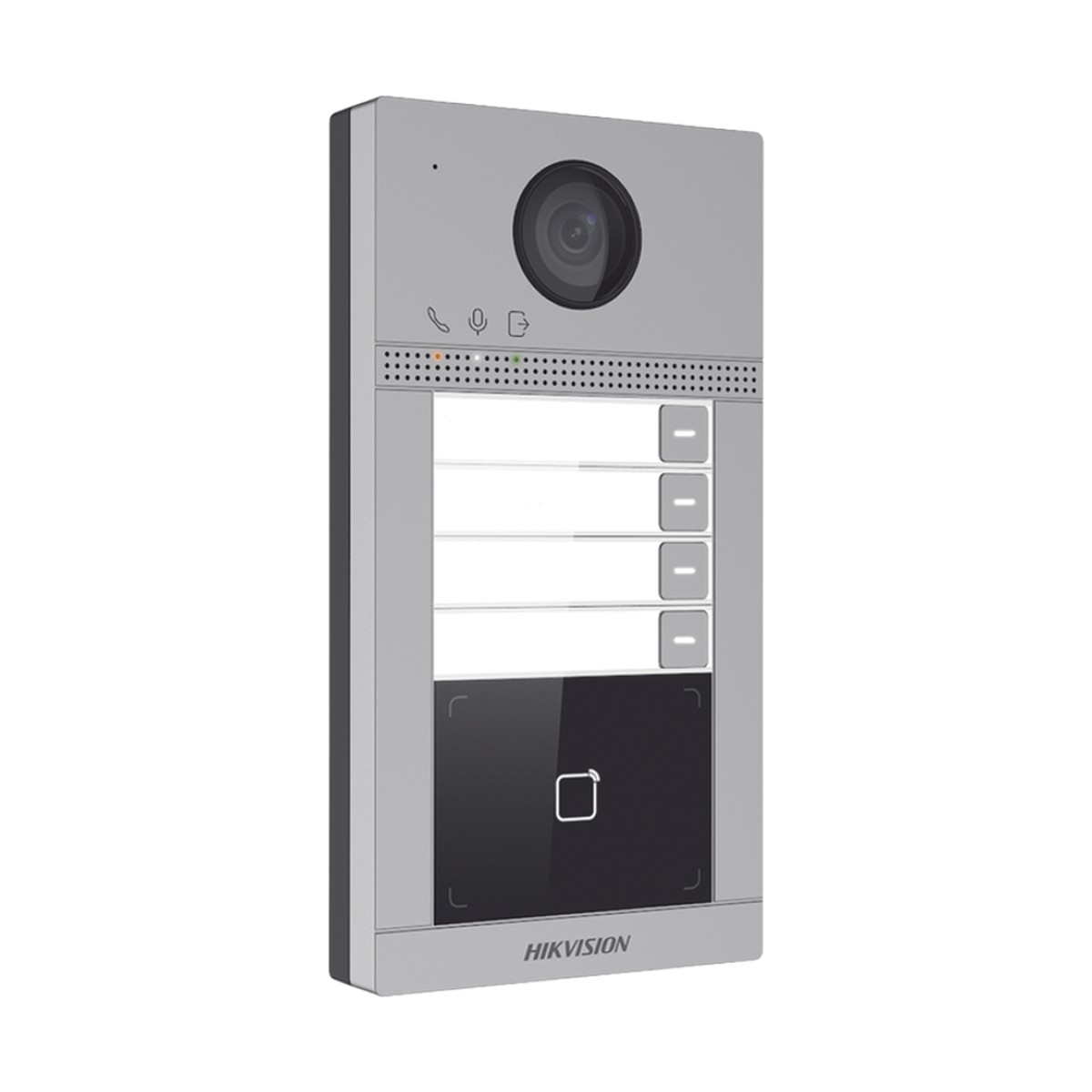 Videoportero IP 2 Megapixel / Llamada y Apertura Remota desde App Hik-Connect (Requiere monitor )/ PoE / Exterior IP65 + Antivandalico IK08 / 4 Departamento / Apertura con Tarjeta / Soporta 2 Puertas y hasta 6 Monitores