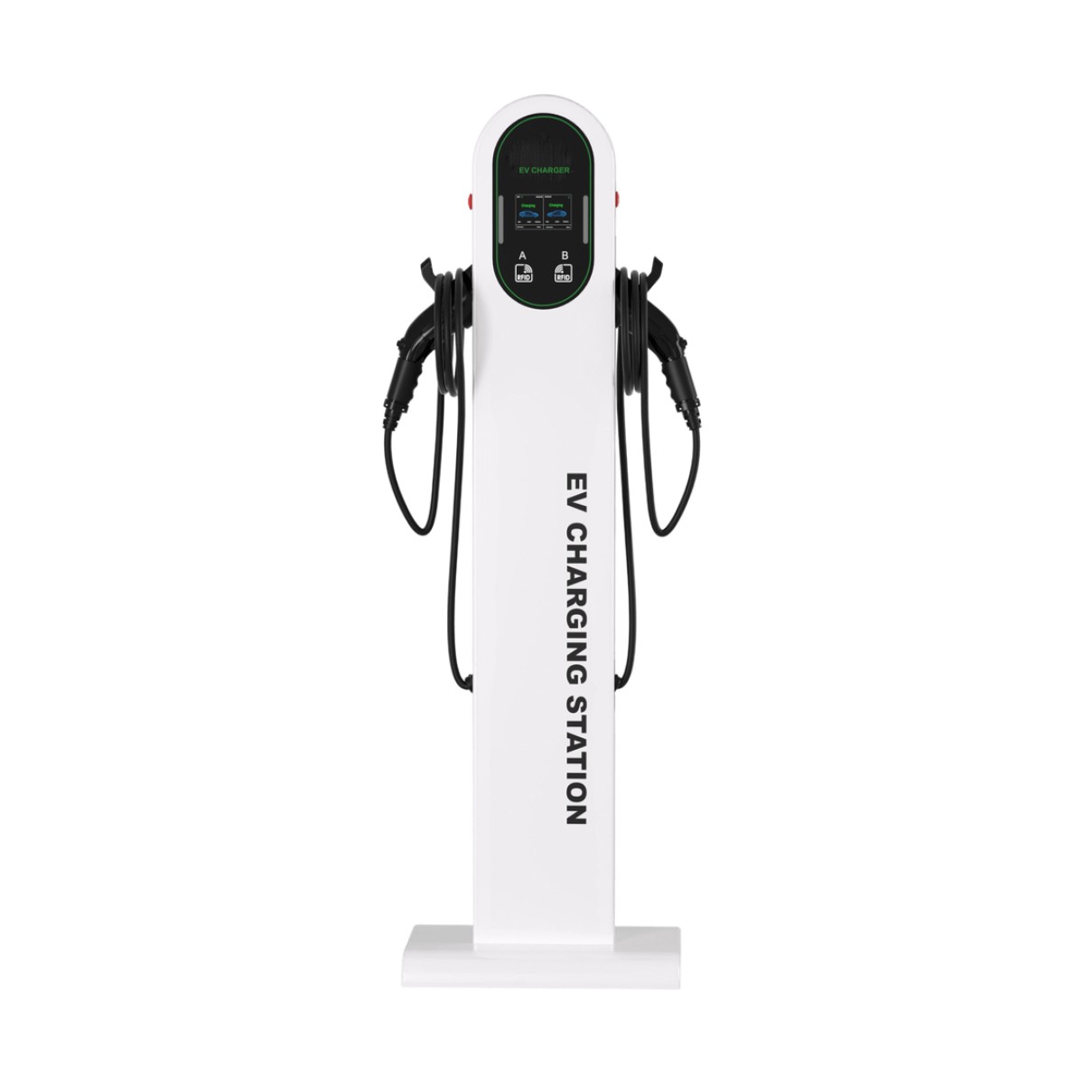 Estación de Carga para Vehículos Eléctricos / Tipo Pedestal / Doble Conector Tipo 1 (SAE J1772) / 48 A / 11.5 kW por Puerto / Pantalla LCD 4.3 in (10.9 cm) / RFID / Protección IP54 / Chasis SGCC Galvanizado