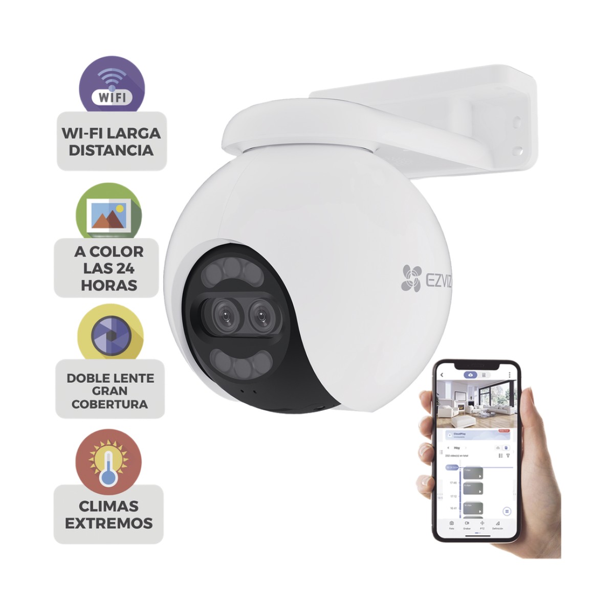 Cámara PT / Wi-Fi / Lente Dual / Panorámica 360° / Resolución 4K / Visión Nocturna ColorFULL  / IA Detección de Humanos y Vehiculos / Alarma con Sirena y Luz / IP65