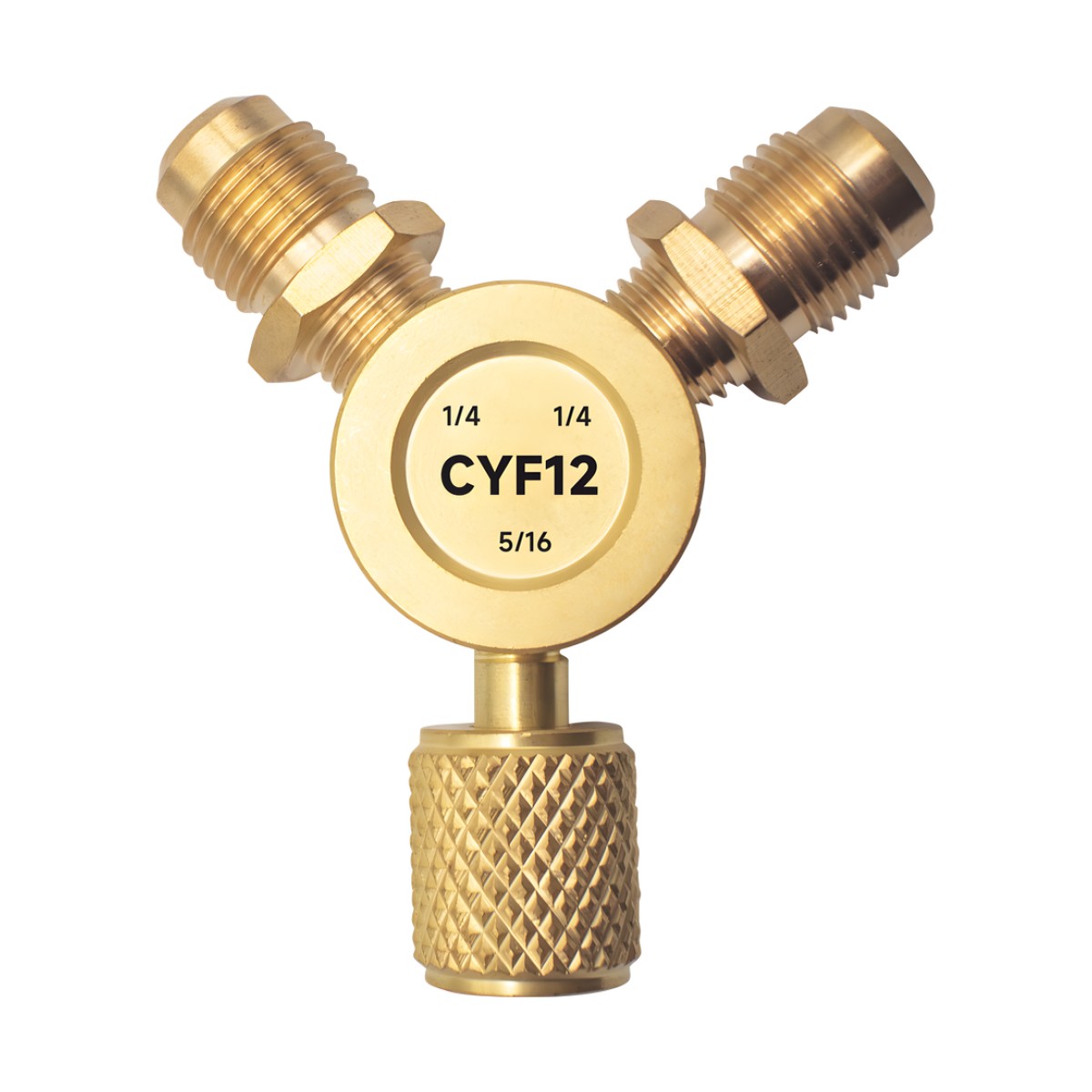 Conector Y CYF12 para Sistemas de Refrigeración / 2 Entradas 1/4" Macho Flare / 1 Salida 5/16" Hembra Flare / Recuperación Rápida y Evacuación / Material Metálico Resistente
