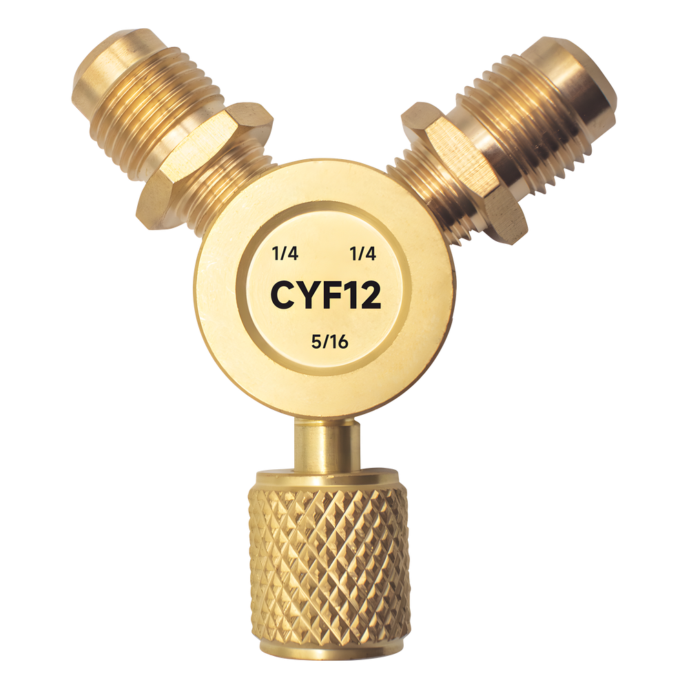 Conector Y CYF12 para Sistemas de Refrigeración / 2 Entradas 1/4" Macho Flare / 1 Salida 5/16" Hembra Flare / Recuperación Rápida y Evacuación / Material Metálico Resistente