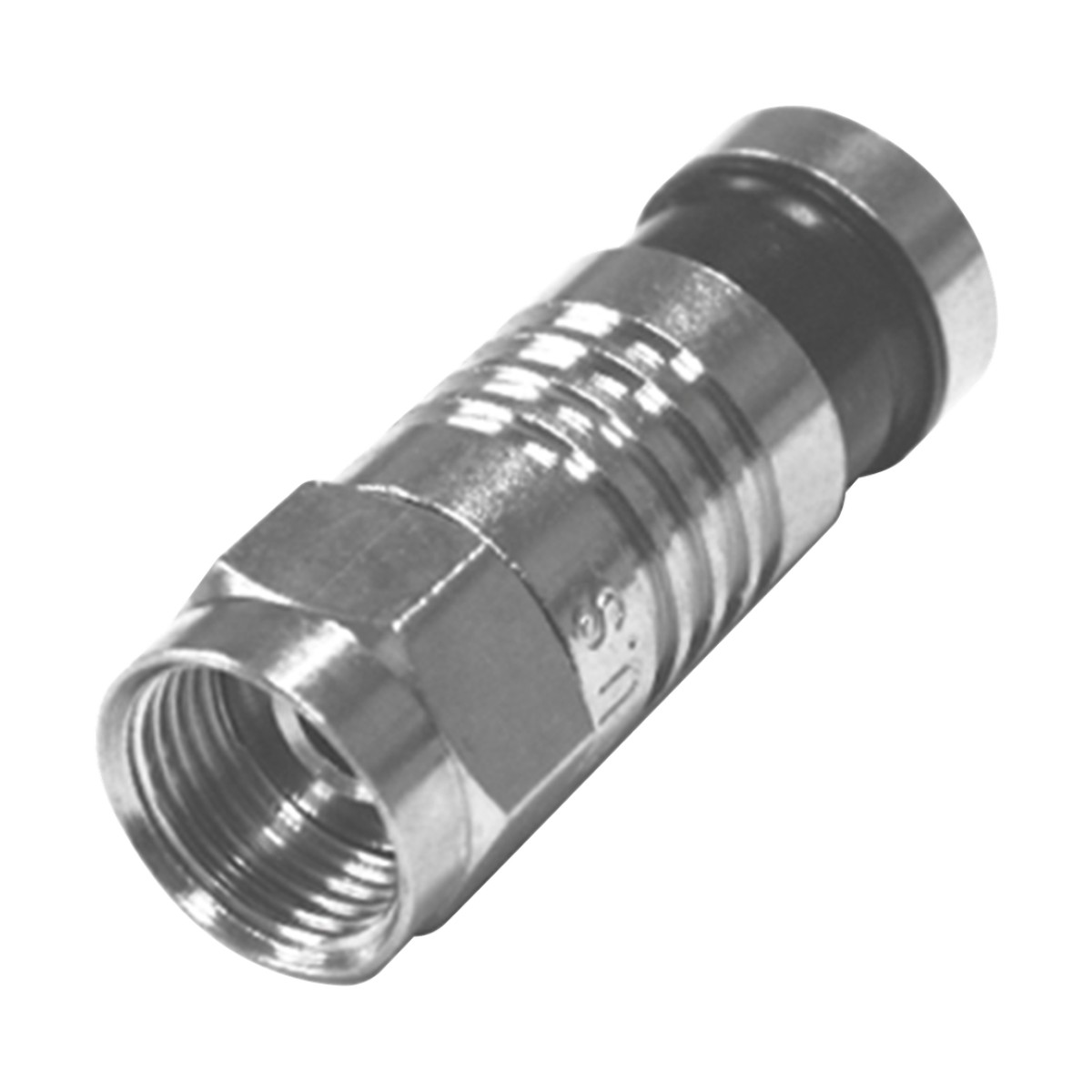 Conector F Macho Plegado Axial por Compresión para RG-59/U, Cuerpo en Níquel y Banda Negra.