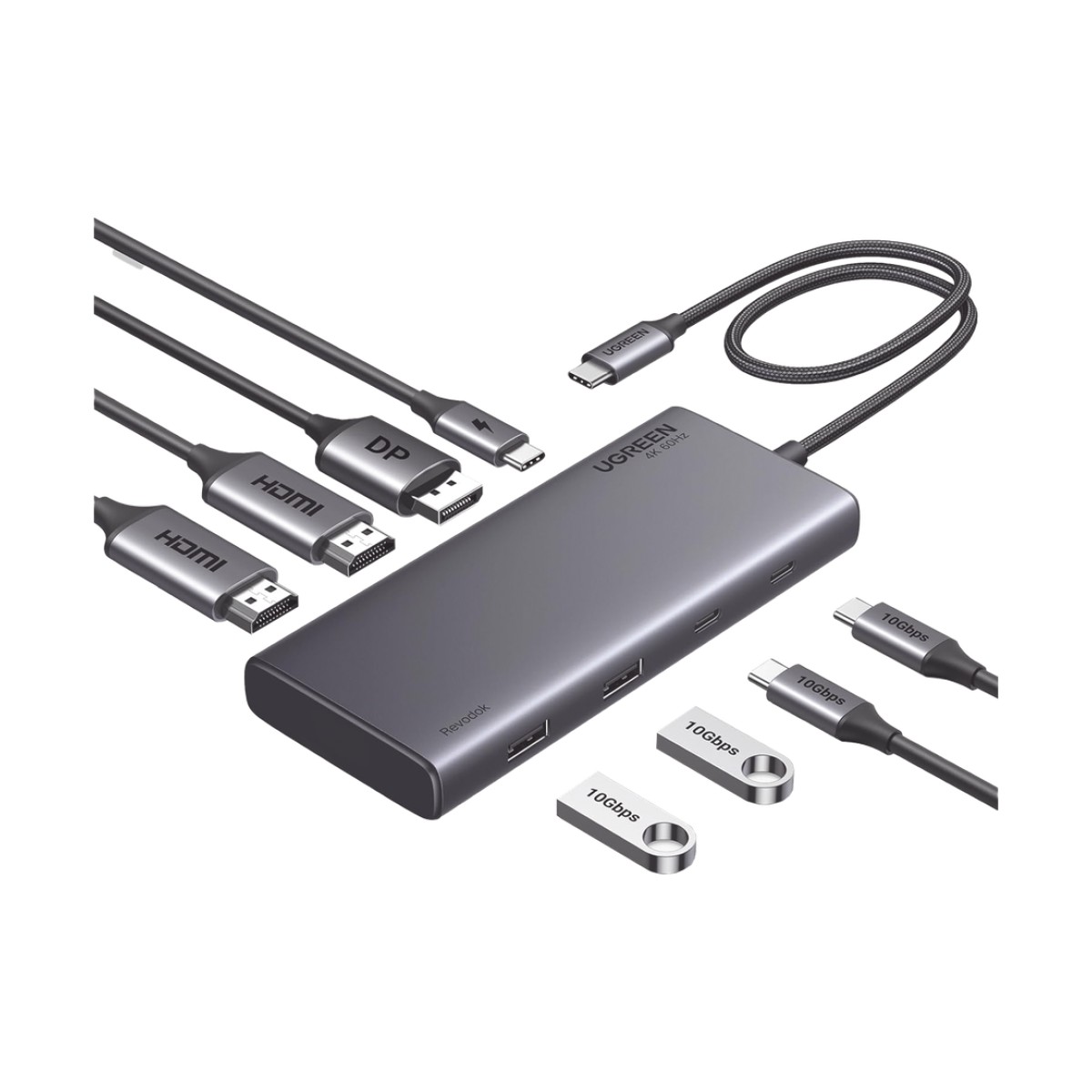 HUB USB-C (Docking Revodok 308) 8 en 1 | 2 Puertos HDMI 4K@60Hz | 1 Puerto DisplayPort 4K@60Hz 2 USB-A 10Gbps) | 2 USB-C (10Gbps) | USB-C PD Carga 100W | Chip de Ultima Generacion | Carcasa de Aluminio.