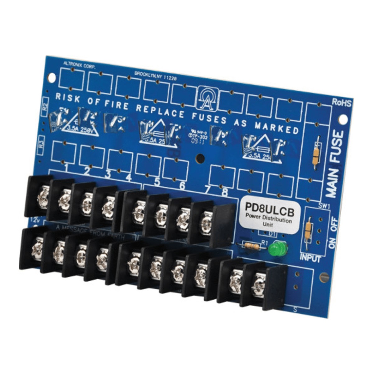 Módulo Distribuidor de Energía UL / 8 Salidas Clase 2 Protegidas PTC / Entrada 12-24VDC o 24-28VAC / Auto-resetable 2A por Salida / UL294-UL603-UL1481 / Montaje Incluido