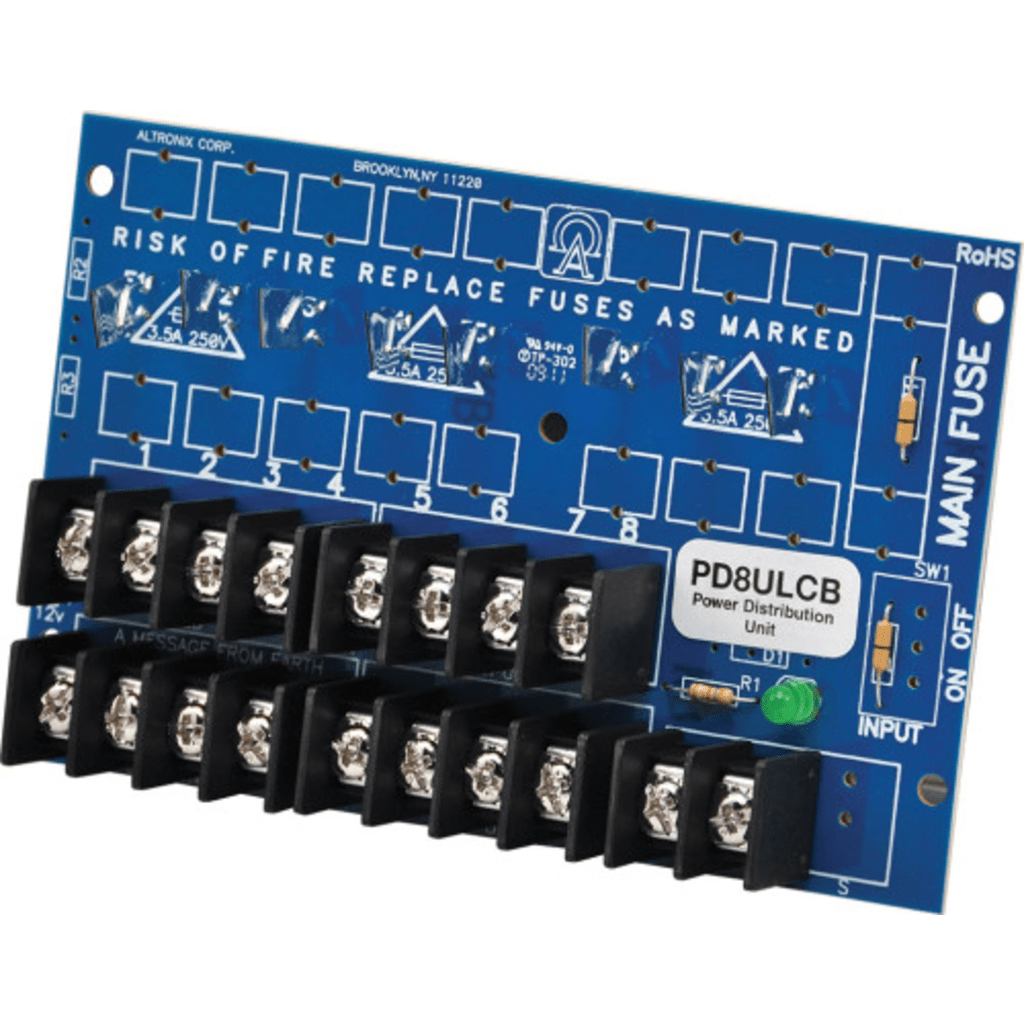 Módulo Distribuidor de Energía UL / 8 Salidas Clase 2 Protegidas PTC / Entrada 12-24VDC o 24-28VAC / Auto-resetable 2A por Salida / UL294-UL603-UL1481 / Montaje Incluido