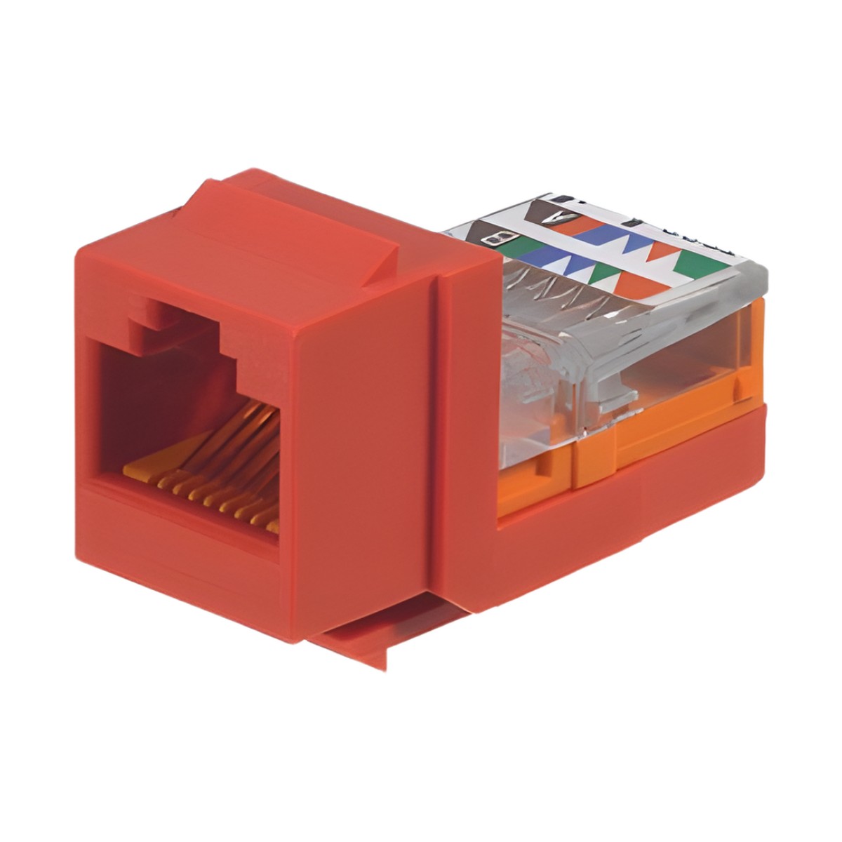 Conector Jack Estilo Leadframe, Tipo Keystone, Categoría 5e, de 8 Posiciones y 8 Cables, Color Rojo