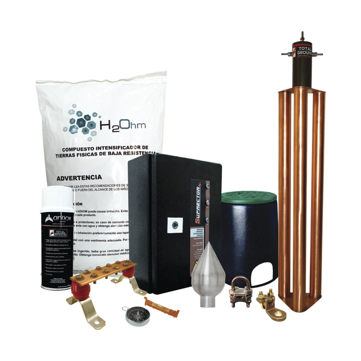 Kit con Punta Pararrayos de Aluminio y Supresor de Picos Clase B con Accesorios de Instalación.