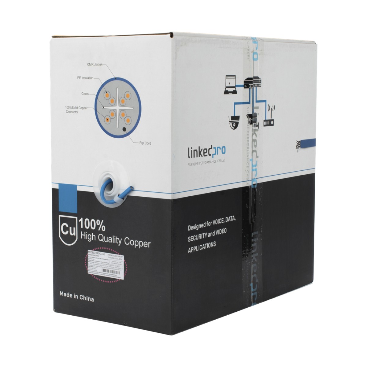 Bobina de Cable de 305 Metros (1000 Pies) Cat6+, CMR, Calibre 23 Alto Rendimiento, ETL, UL, Color Azul, Super Flexible, para Aplicaciones de Video Vigilancia, Video HD, y Redes de Datos. Uso Interior.
