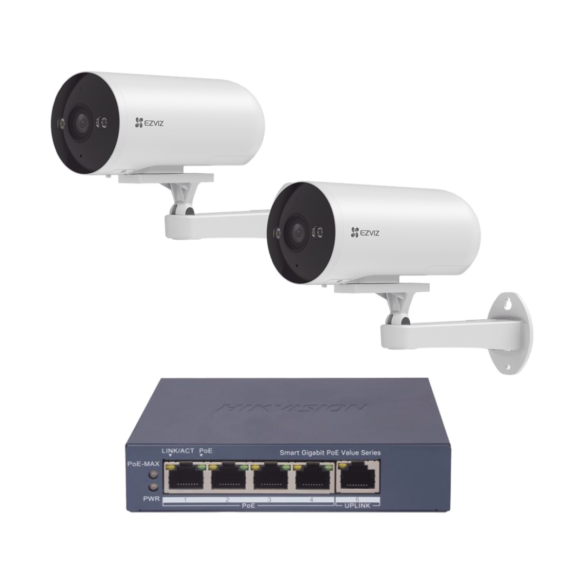 Kit de cámaras PoE Para Uso en Exterior / PoE Estandar Af / 2 piezas CS-H5/3MP/ 1 Pieza de Switch DS-3E1505P-EI/M / Vision Nocturna a Color / IP67 / Audio Bidireccional / Luz y Sirena / 4 Puertos 1000 Mbps PoE+ / 1 Puerto 1000 Mbps Uplink