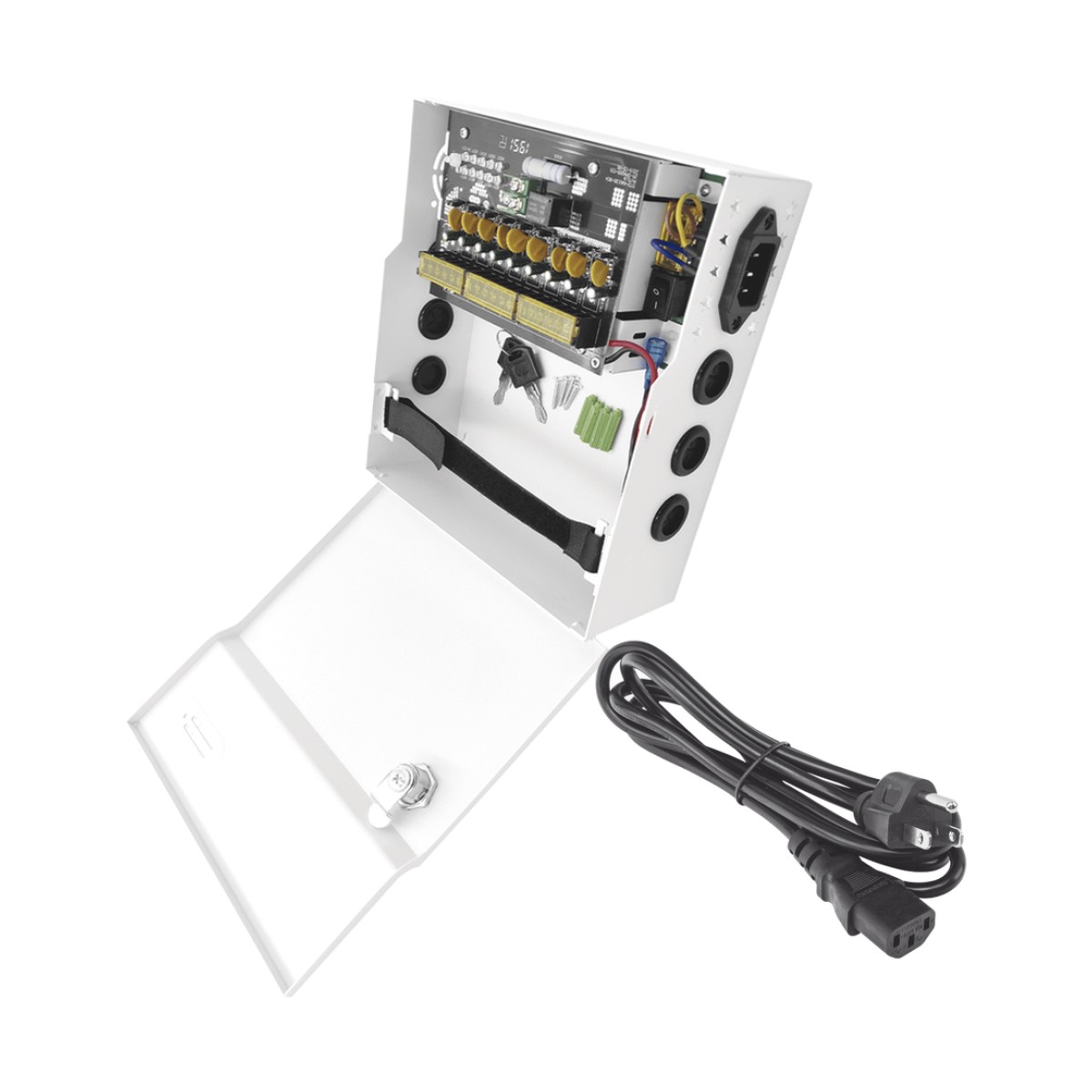 Fuente de Poder con ajuste de voltaje de 11- 15 Vcc / 10 A / 9 Salidas / Capacidad de Batería de Respaldo / Requiere Batería / Voltaje de Entrada 96-264 Vca