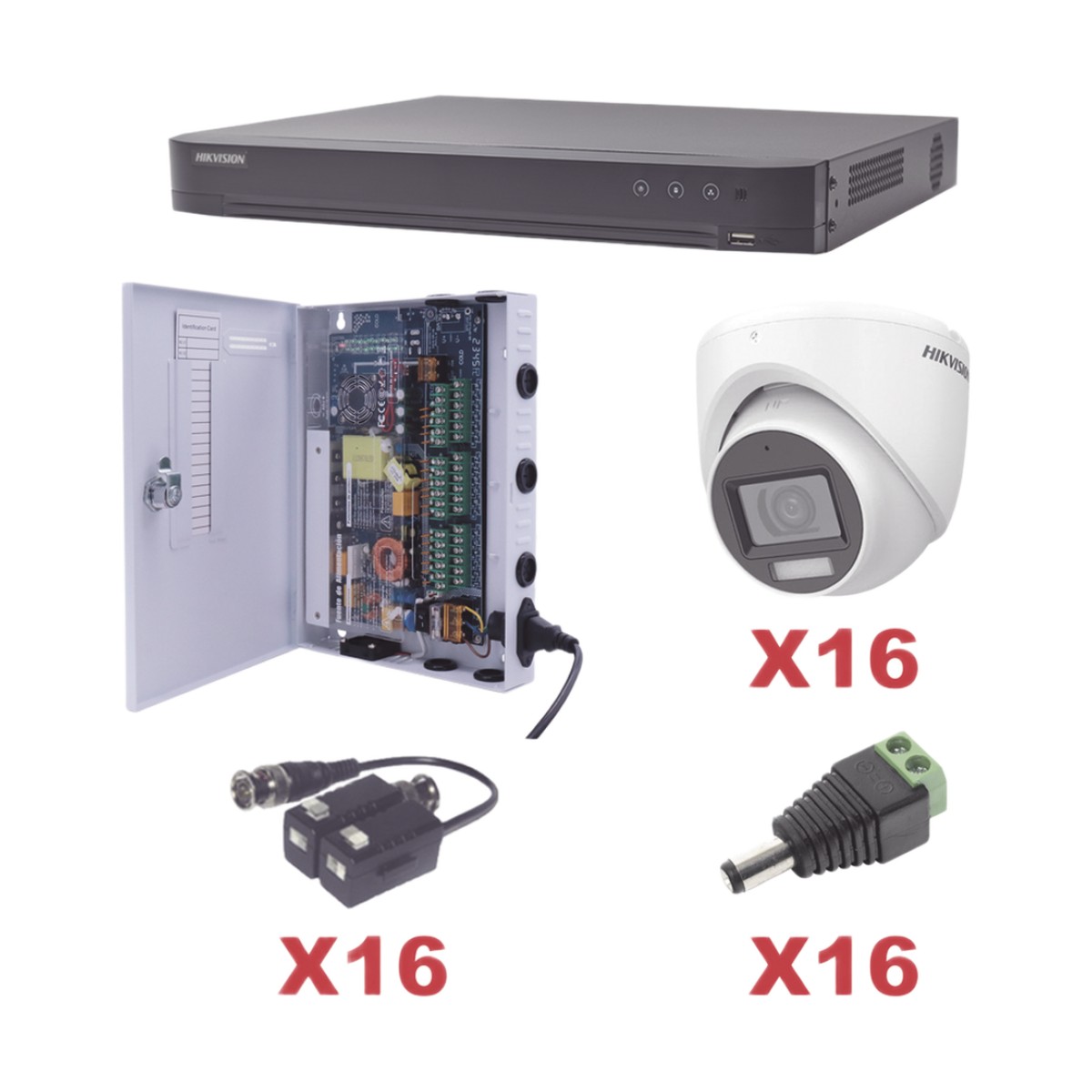 KIT TurboHD 1080p / DVR 16 Canales / 16 Cámaras Turret con Audio Integrado (Exterior 2.8 mm) / Transceptores / Conectores / Fuente de Poder Profesional