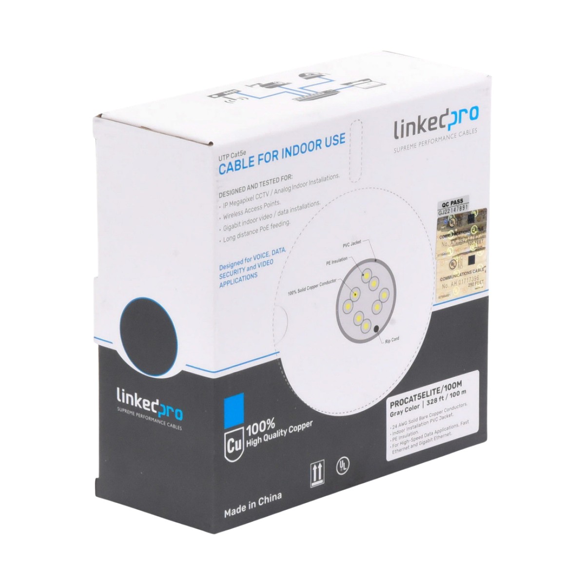 Bobina de Cable de 100 Metros (328.08 Pies), Cat5e, 24 AWG, Color Gris, UL, para Aplicaciones en Videovigilancia, Redes de Datos. Uso Interior