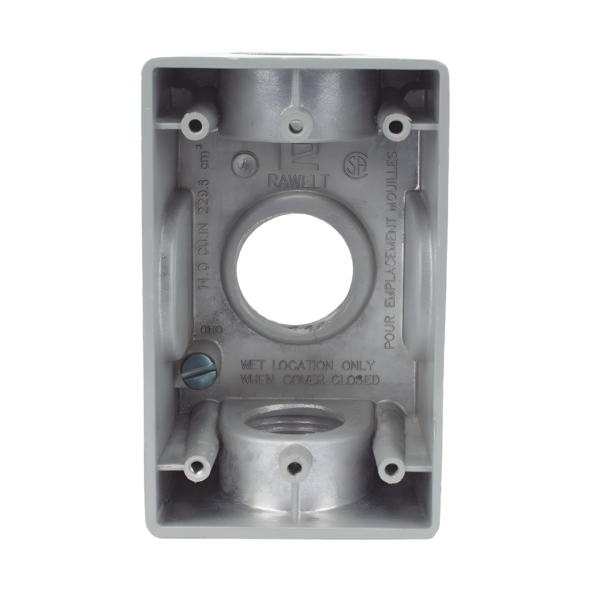 Caja Condulet FS de 1" (25.4 mm ) con tres bocas una arriba y una atrás a prueba de intemperie.