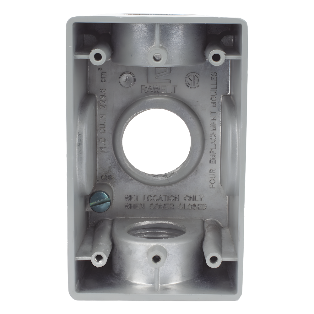 Caja Condulet FS de 1" (25.4 mm ) con tres bocas una arriba y una atrás a prueba de intemperie.
