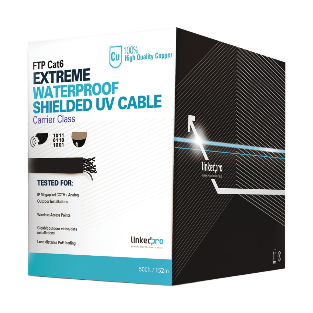 Bobina de 152.5 Metros (500 Pies) Cat6+ Calibre 23 Exterior Blindado Tipo FTP Para Climas Extremos, UL Para Aplicaciones de Video Vigilancia y Redes de Datos. Para Uso en Intemperie.