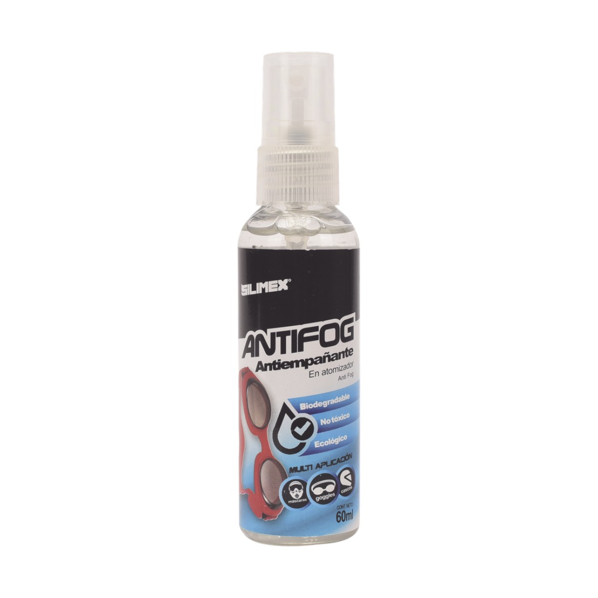 Antiempañante, ideal para eliminar problemas de empañamiento en googlees, mascaras, cascos, lentes, bote 60 ml