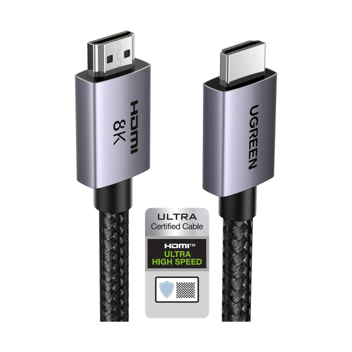 Cable HDMI 2.1 de 8K@60Hz | 2 Metros (6.56 Pies) | 48Gbps | HDR10+ | 3D Inversivo | eARC | Dolby ATMOS | VVR | QMS | QFT | ALLM | 3 Modos de Visualización | Certificado HDMI 8K | Niquelado | Nylon Trenzado | Carcasa de Aluminio