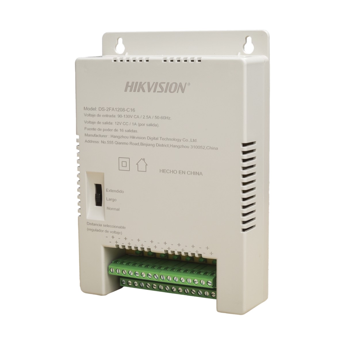 Fuente de Poder Regulada 12 Vcc / 13.5 Vcc / 15 Vcc para 16 Cámaras / 16 Amp (1 Amp por Salida) / Voltaje de Entrada 90 - 130 VCA / Soporta 4K / Modo para Largas Distancias