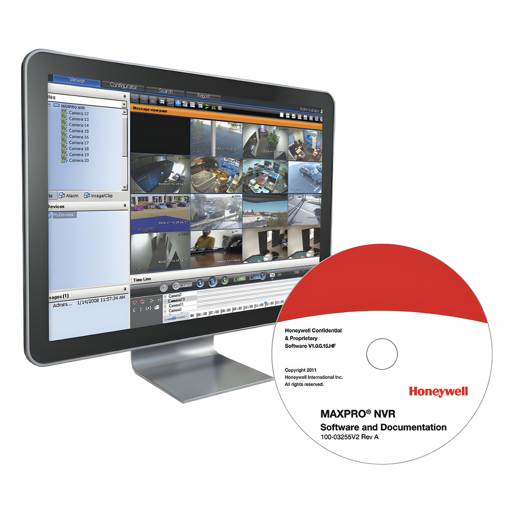 Software NVR para videovigilancia IP con licencia base de 8 canales, compatible con cámaras Honeywell y de terceros