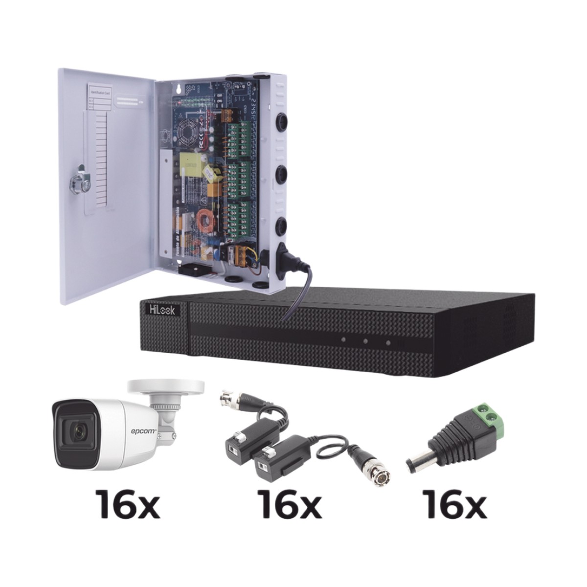 KIT TurboHD 1080p / DVR 16 Canales / 16 Cámaras Bala Policarbonato con Microfono (exterior 2.8 mm) / Transceptores / Conectores / Fuente de Poder Profesional