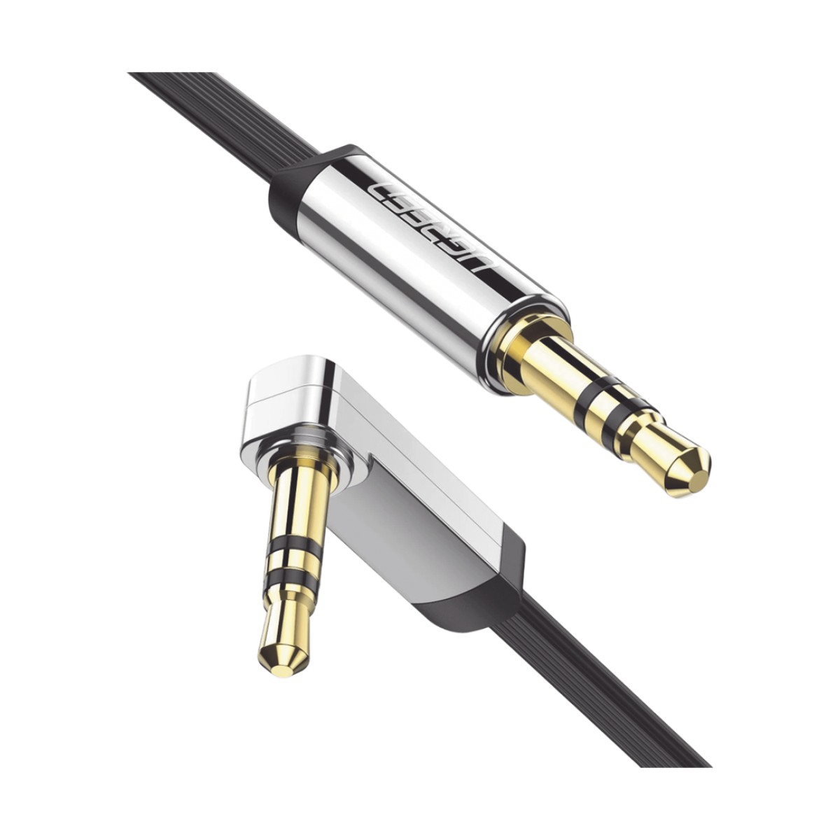 Cable Auxiliar Plano 2 Metros / Conector 3.5mm a 3.5mm / Macho-Macho / Recto a Angulo / Ángulo de 90° en una de sus Puntas / Color Negro