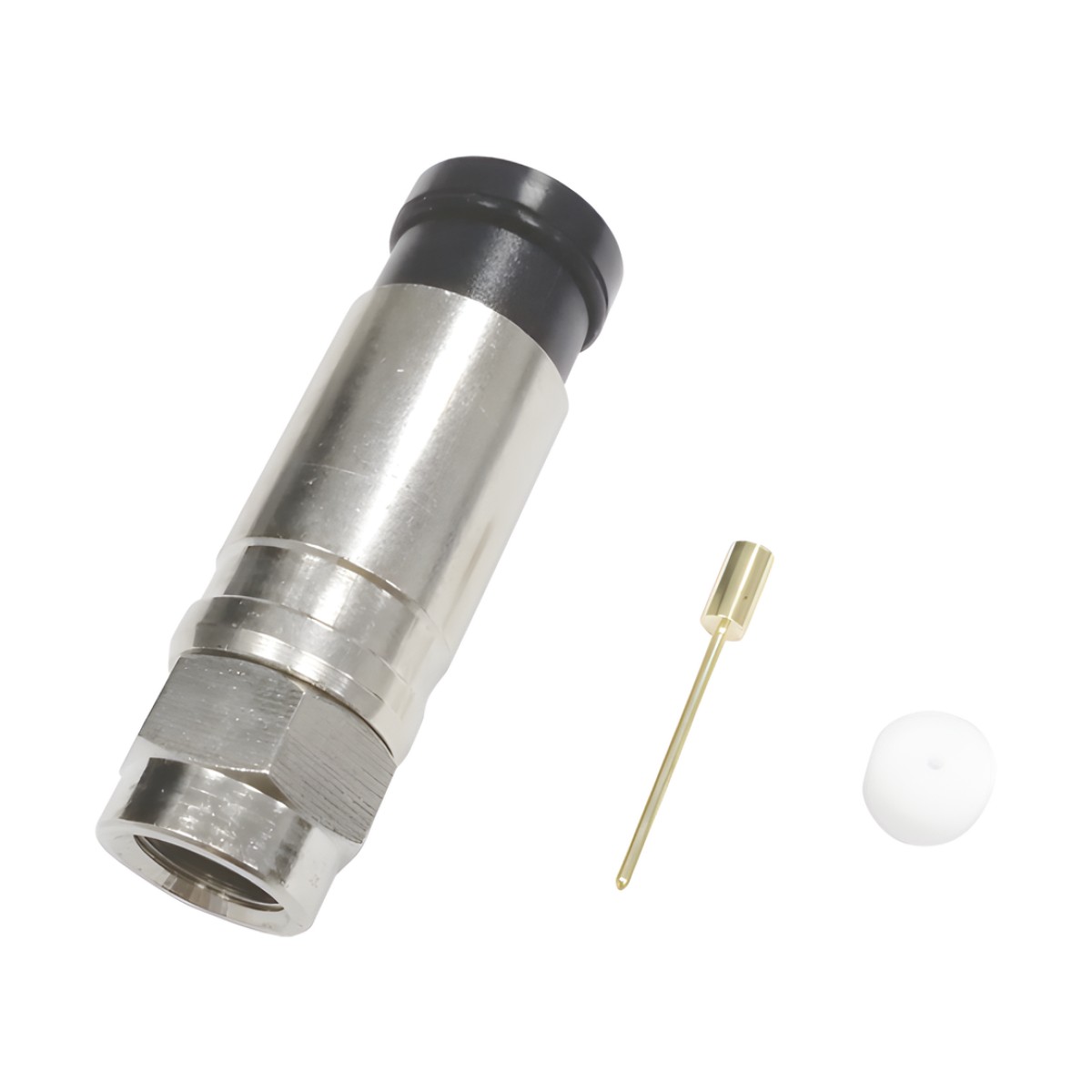 Conector F Macho de Compresión Axial con Borne Negro para instalar en Cable Coaxial RG-11, 75 Ohm, Bronce-Niquelado.