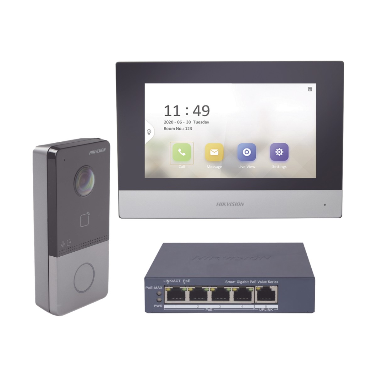 Kit de Videoportero IP + Switch PoE Estándar con llamada a App de Smartphone (HikConnect) / Apertura con tarjeta MIFARE / Frente de calle IP65 / Soporta 1 Departamento