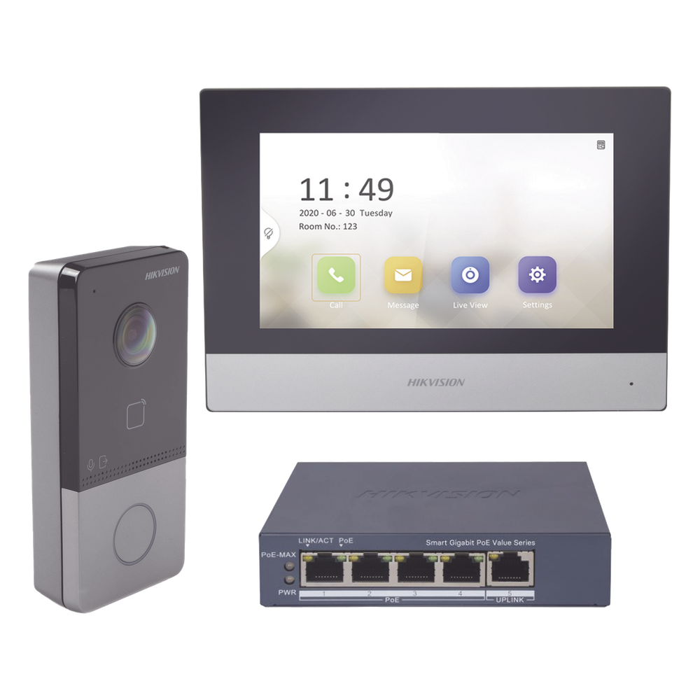 Kit de Videoportero IP + Switch PoE Estándar con llamada a App de Smartphone (HikConnect) / Apertura con tarjeta MIFARE / Frente de calle IP65 / Soporta 1 Departamento
