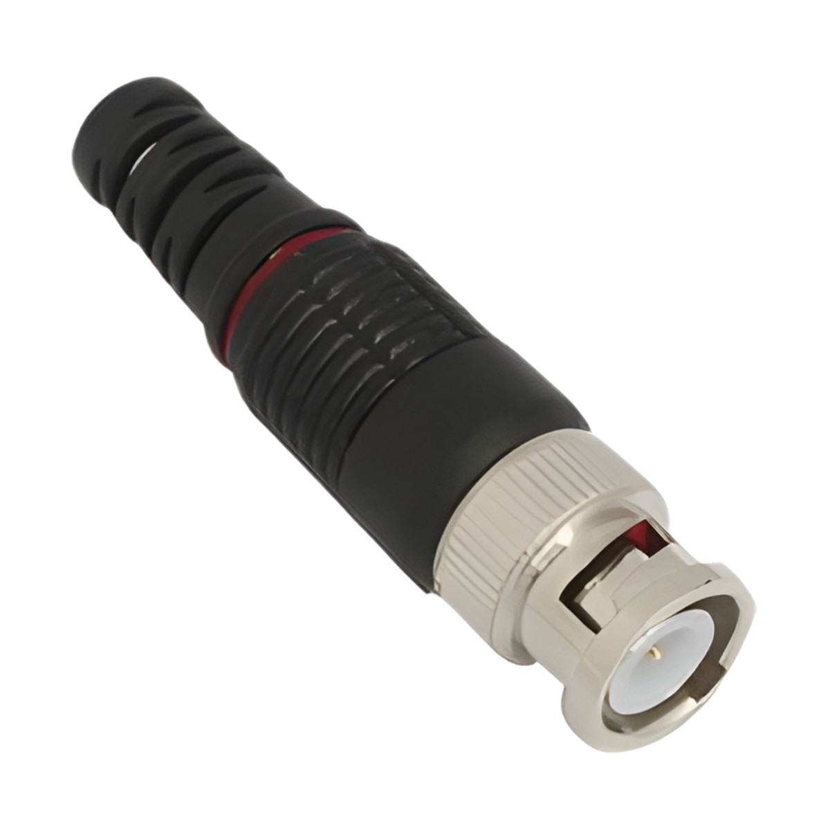 Conector BNC macho en 75 Ohm con Base de Alivio Plástica Negra para Cable Coaxial RG-59/ Níquel/ Oro / Teflón.