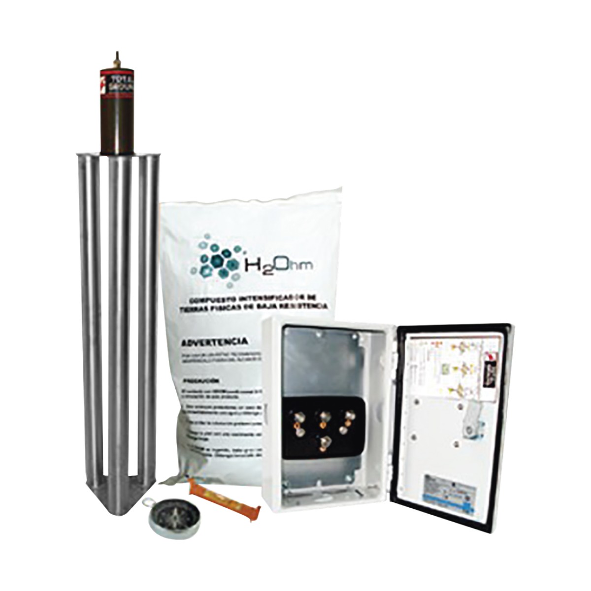 Kit Antivandalico de Puesta a Tierra de 100 Amperes con Electrodo, Filtro y Compuesto H2Ohm.