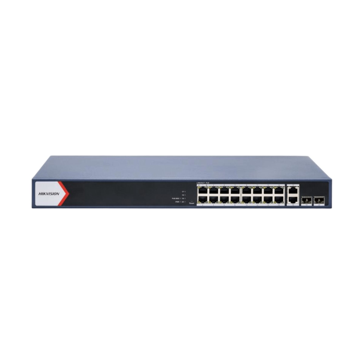 Switch PoE+ / Administrable / 16 puertos 1000 Mbps PoE+ / 2 Puertos 1000 Mbps Uplink / 2 Puertos SFP de Uplink /  Configuración Nube Hik-Partner Pro / Modo Extendido hasta 300 metros / 230 W