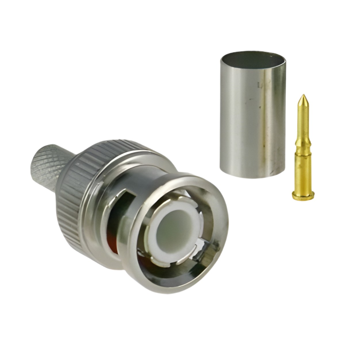 Conector BNC macho para 75 Ohm, de 3 piezas en línea, anillo plegable para cable RG-59/U en aplicación de CCTV, Níquel/ Oro/ Teflón.