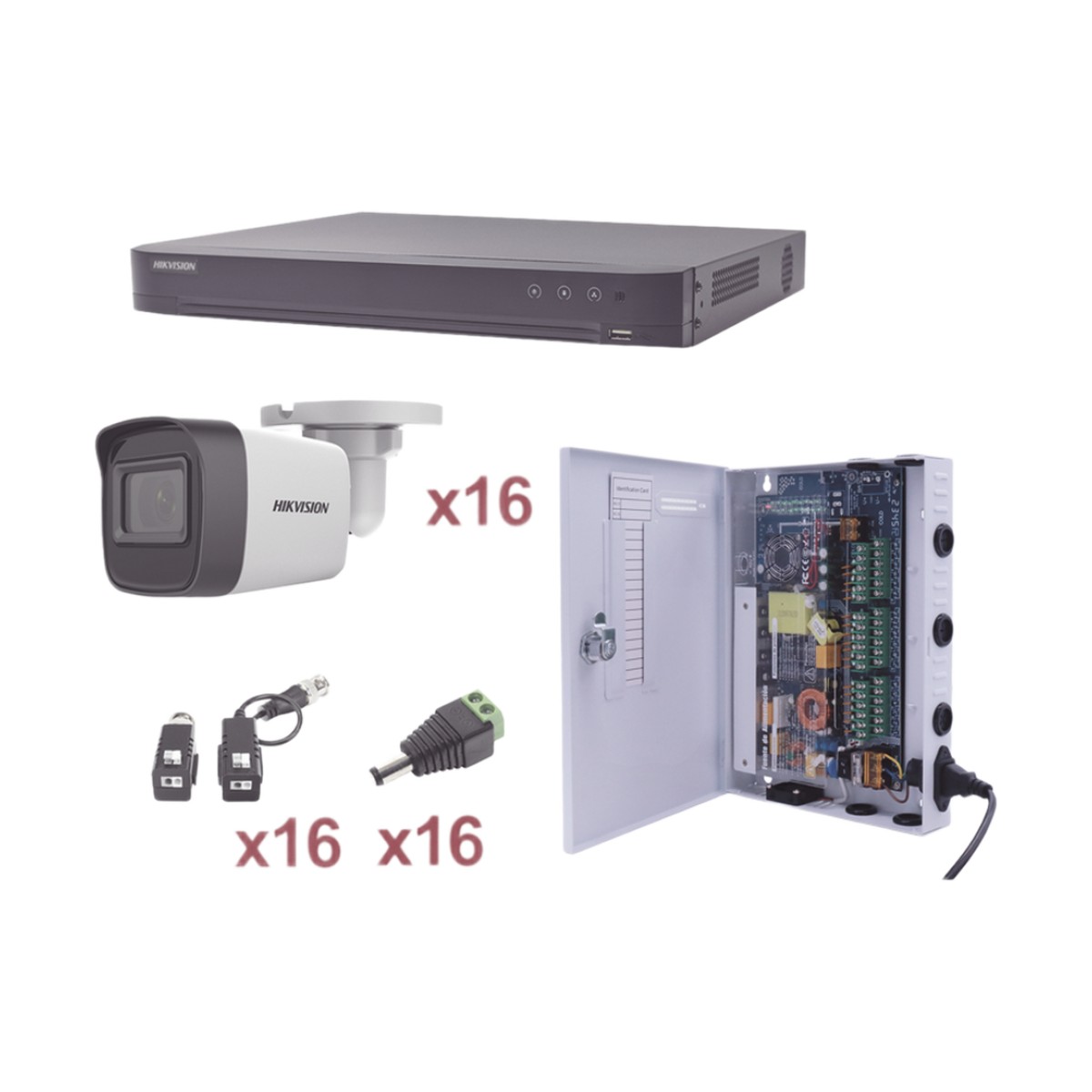 KIT TurboHD 1080p / DVR 16 Canales / 16 Cámaras Bala (exterior 2.8 mm) / Transceptores / Conectores / Fuente de Poder Profesional