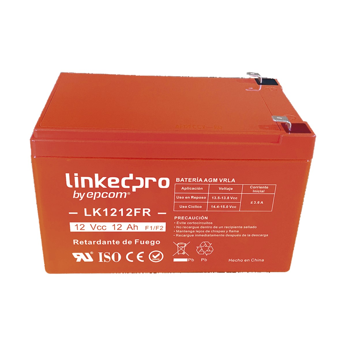 Batería de respaldo 12 V   | 12 Ah  |  AGM | Certificada UL94-V0 Retardante a la Flama  | Especial para Seguridad Electrónica | UPS  | Sistemas de Emergencia | Vida útil 5 años | Terminales F1  + Adaptador F2