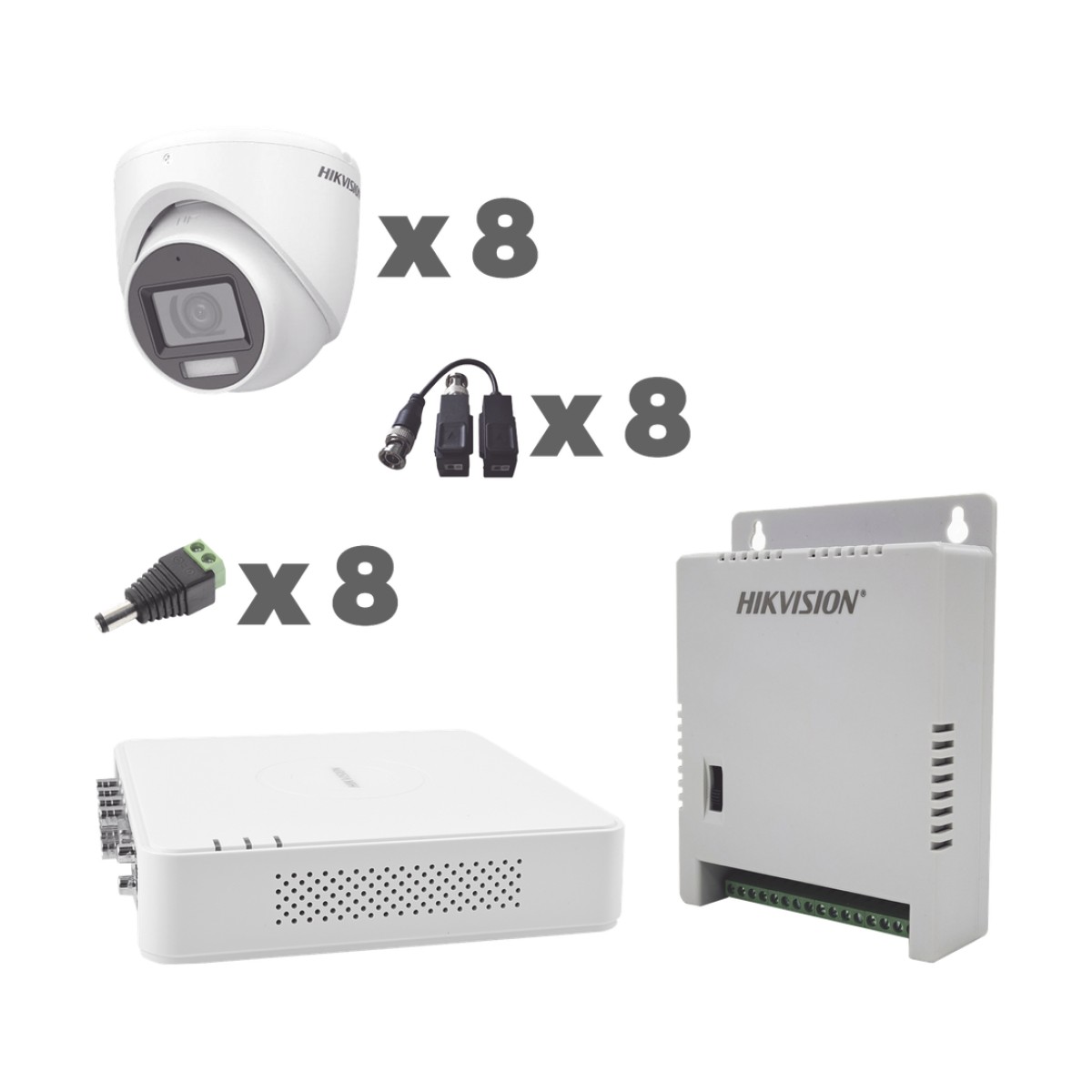 KIT TurboHD 1080p / DVR 8 Canales con audio por coaxitron / 8 Cámaras con Micrófono Integrado 101° Visión/  luz blanca + IR visión nocturna  / Transceptores / Conectores / Fuente de Poder Profesional