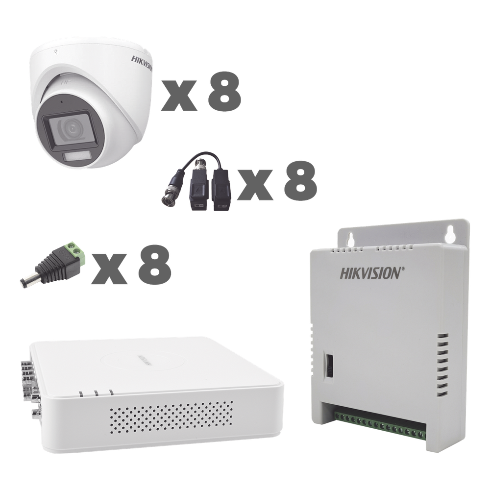 KIT TurboHD 1080p / DVR 8 Canales con audio por coaxitron / 8 Cámaras con Micrófono Integrado 101° Visión/  luz blanca + IR visión nocturna  / Transceptores / Conectores / Fuente de Poder Profesional