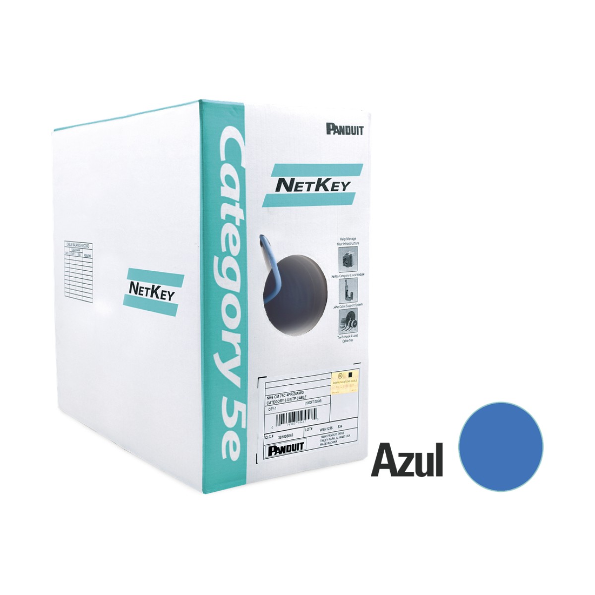 Bobina de Cable UTP de 305 Metros (1000 Pies) de Cobre, NetKey, Azul, Categoría 5e (24 AWG), Riser (CMR), de 4 Pares