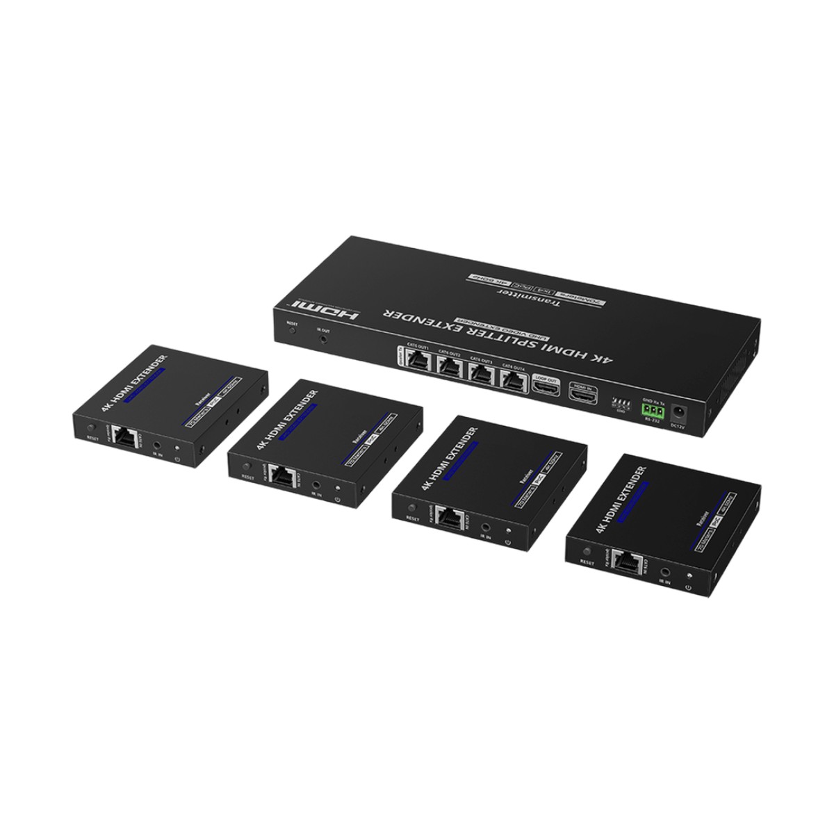Kit Divisor y Extensor HDMI | 1x4 | Hasta 70 m |Resolución 4K @ 60 Hz |  Cat 6/6a/7 | IPCOLOR | CERO LATENCIA  | EDID | RS232 | Salida Loop / PoC